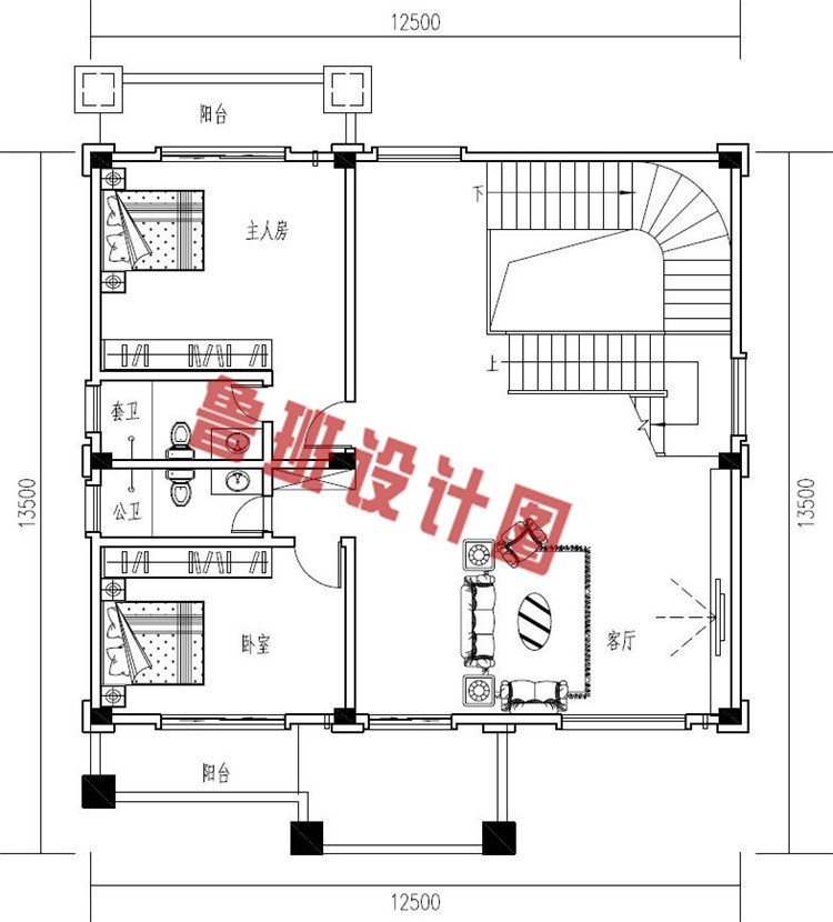 豪华大气四层带露台独栋别墅设计二层户型图