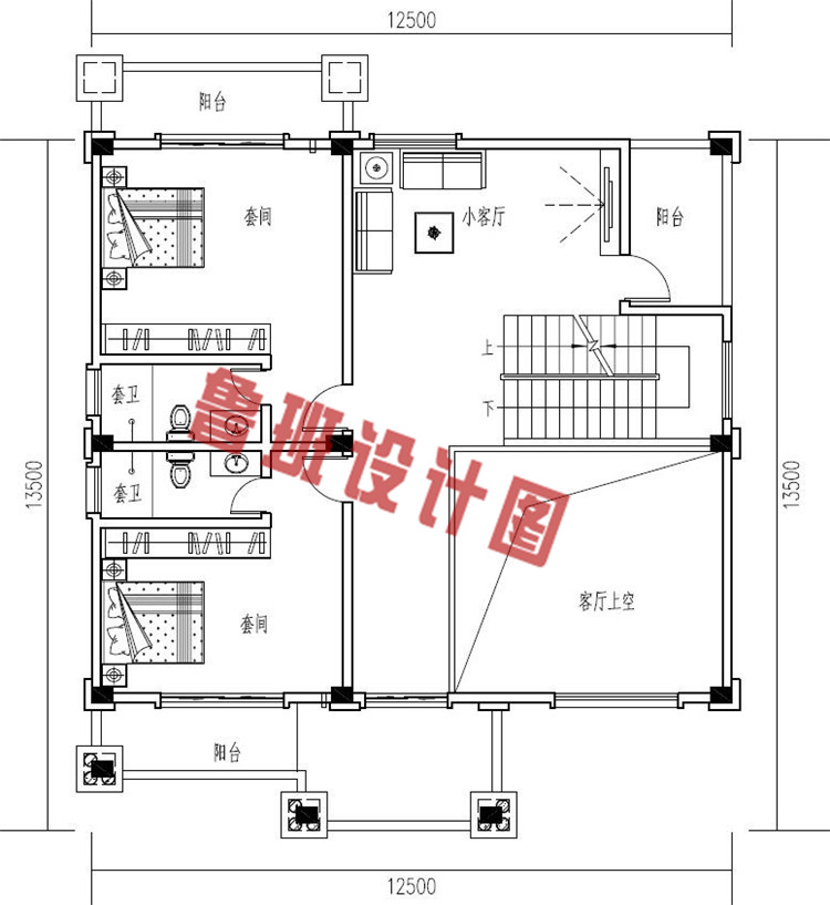 豪华大气四层带露台独栋别墅设计三层户型图