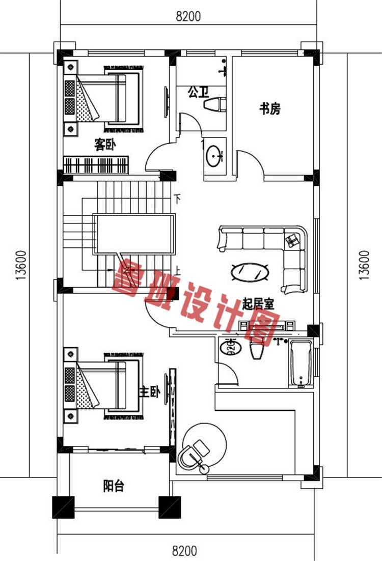 带大露台+凉亭平屋顶四层自建别墅设计二层户型图