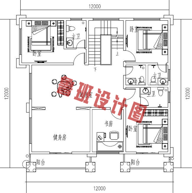 复式带车库四层别墅设计三层户型图