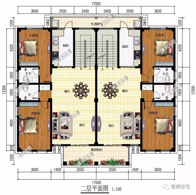 两栋宽17米的农村双拼别墅，欧式风格设计，第一栋每层都有厨房