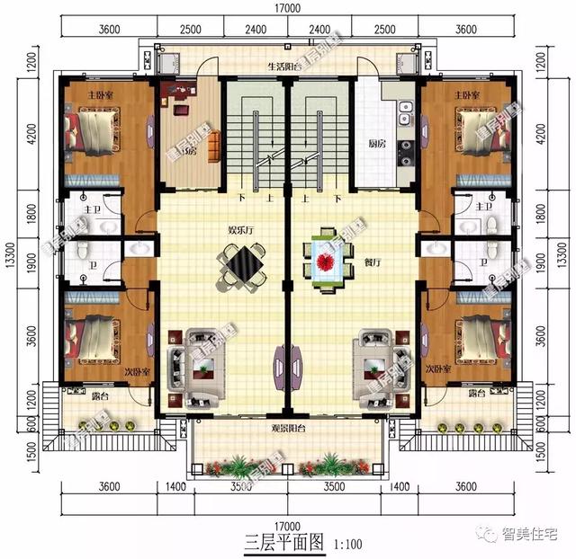 两栋宽17米的农村双拼别墅，欧式风格设计，第一栋每层都有厨房