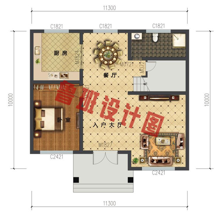 11X10米新农村实用二层小别墅设计一层户型图效果图