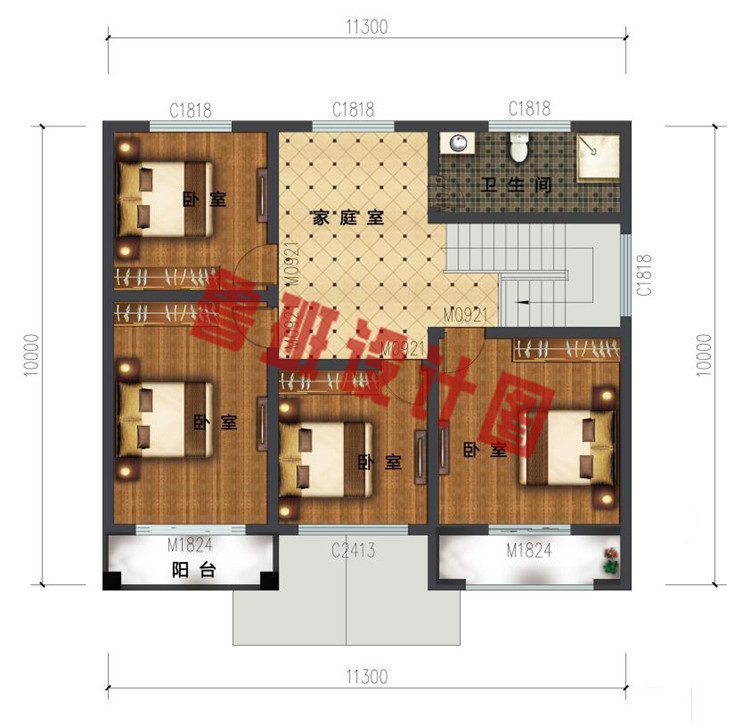 11X10米新农村实用二层小别墅设计二层户型图效果图