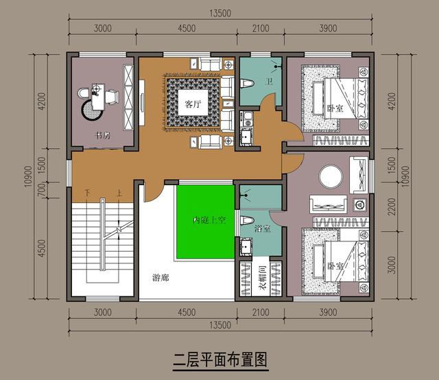 10x13米带天井内院中式三层别墅，茶室衣帽间，7室4卫适合自建