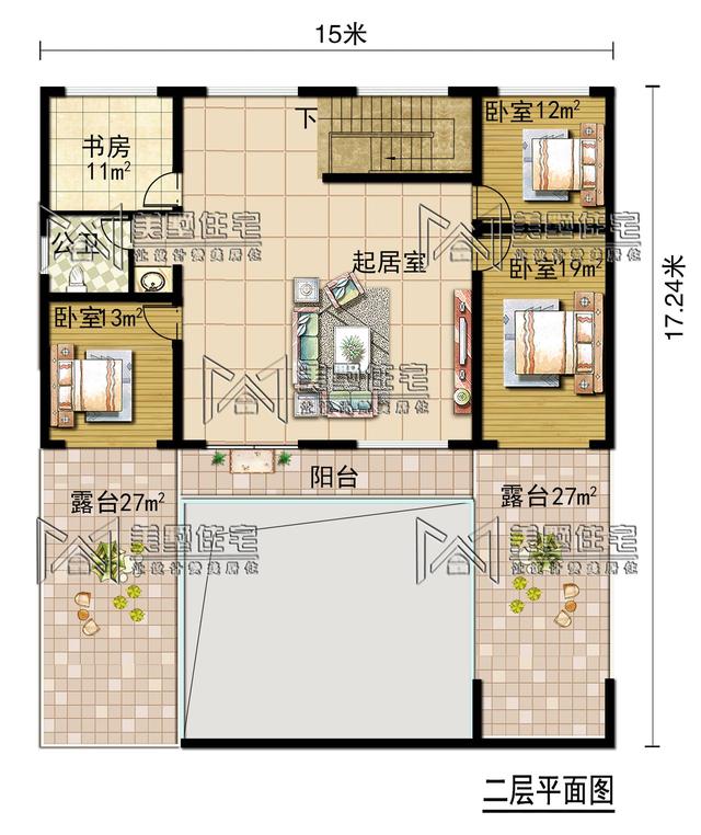 15x17.24米带庭院的二层新中式别墅，6室3卫，造价不高，适合自建
