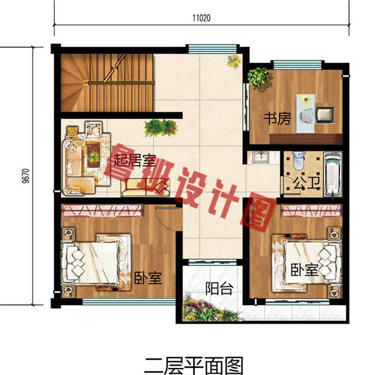 平屋顶现代风格小洋楼房，农村三层小户型别墅设计图