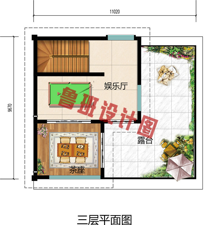 平屋顶现代风格小洋楼房，农村三层小户型别墅设计图