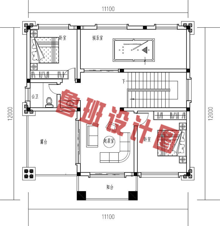 乡村二层欧式别墅设计二层户型图