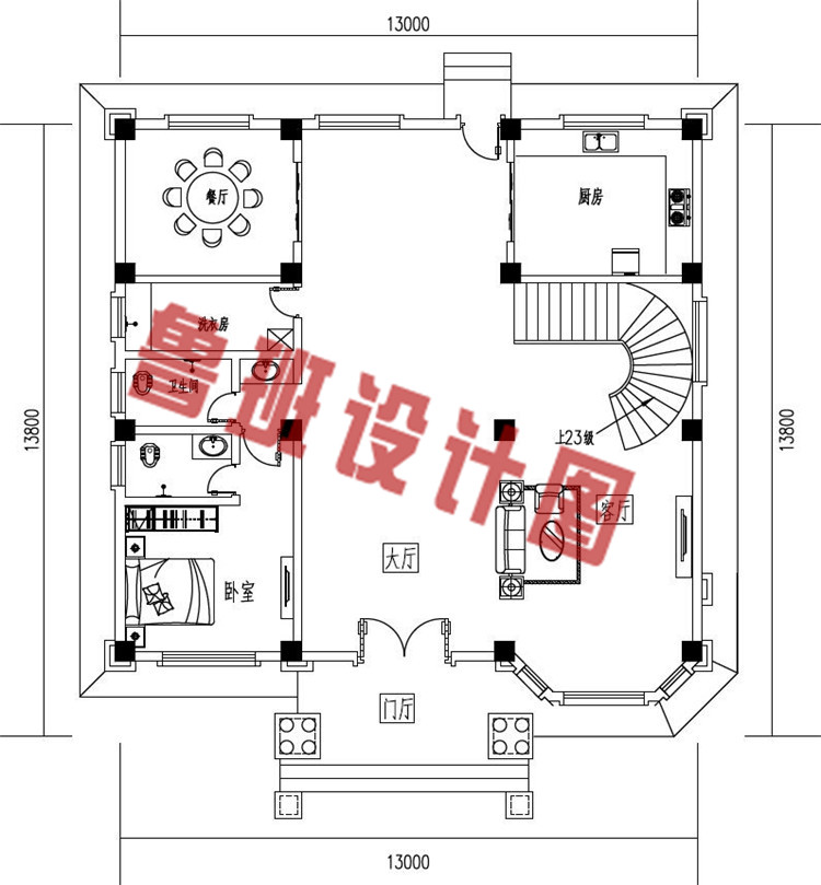 农村三层复式自建房别墅设计一层户型图