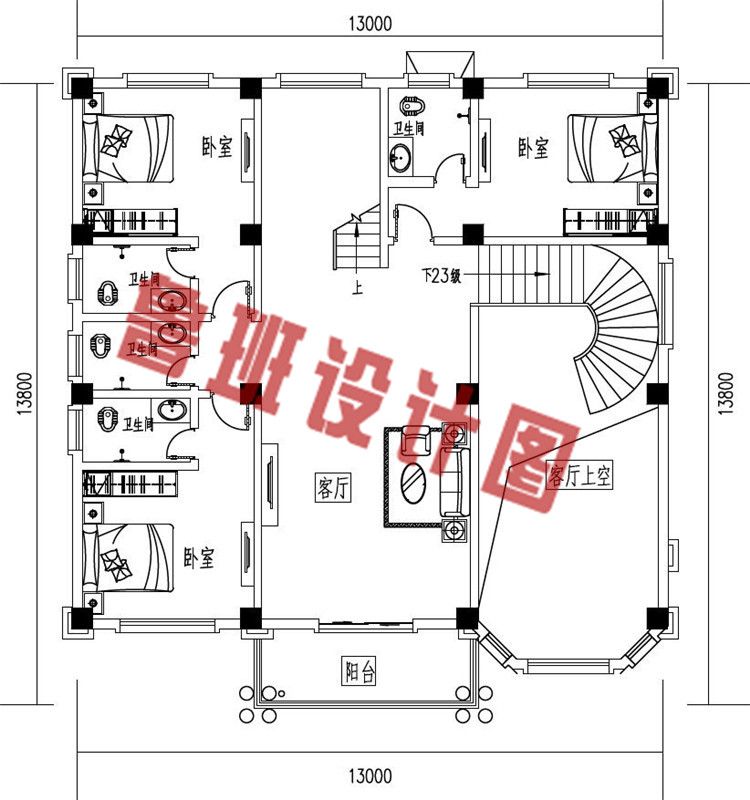 农村三层复式自建房别墅设计二层户型图