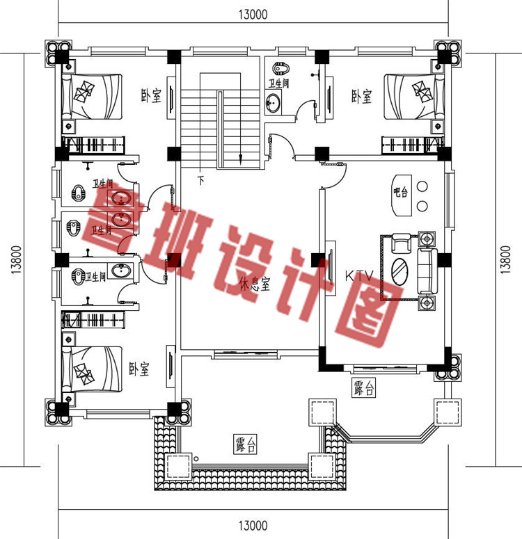 农村三层复式自建房别墅设计三层户型图