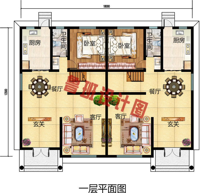 三层农村双拼自建别墅设计图，共240平，单户120平，外观漂亮大气