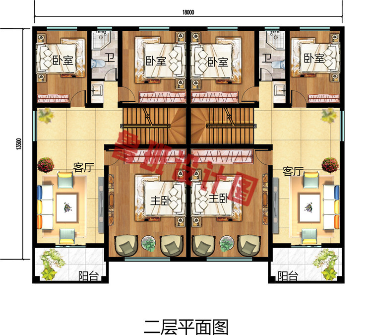 三层农村双拼自建别墅设计图，共240平，单户120平，外观漂亮大气