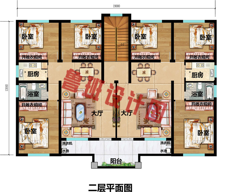 一层共用的三层双拼自建房别墅设计图，外观好看，户型实用