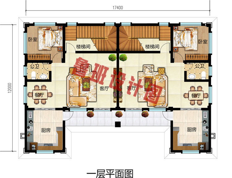 豪华欧式三层兄弟双拼自建别墅户型方案图，结构工整