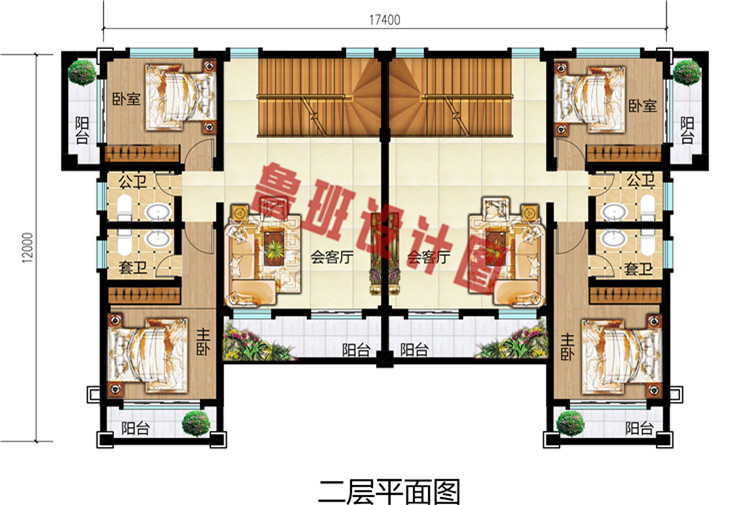 豪华欧式三层兄弟双拼自建别墅户型方案图，结构工整