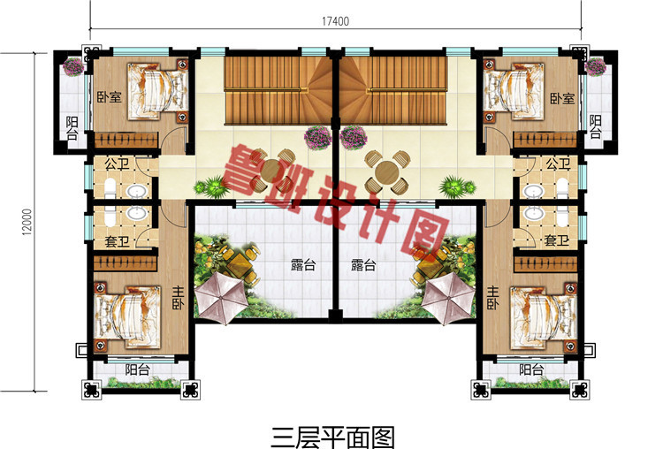 豪华欧式三层兄弟双拼自建别墅户型方案图，结构工整