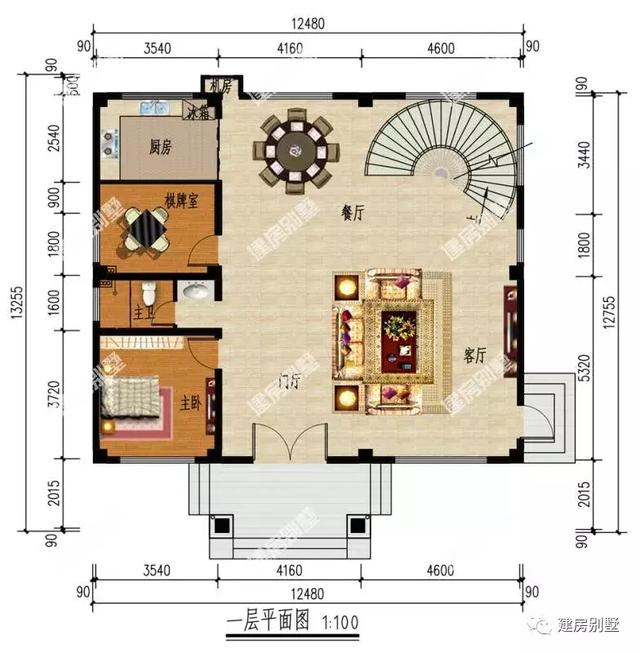 两栋建在农村的豪华别墅，第一栋面积大，第二栋配旋转楼梯