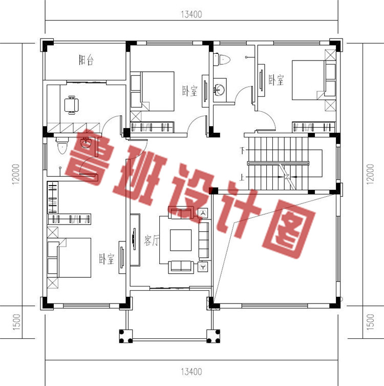 农村三层欧式风格别墅设计二层户型图