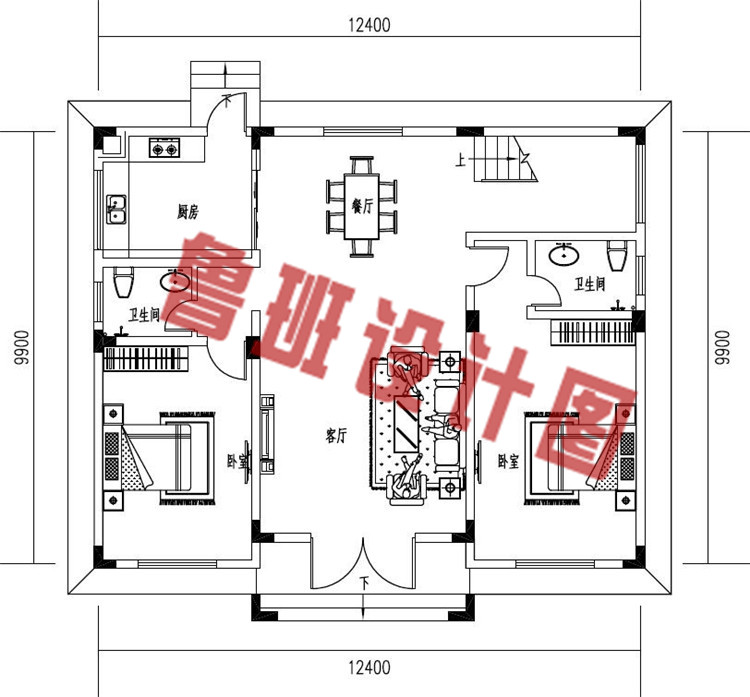 简单清新二层自建小楼房别墅设计一层户型图