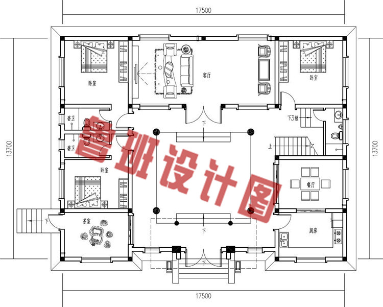 占地200平的新款中式二层小四合院别墅设计一层户型图