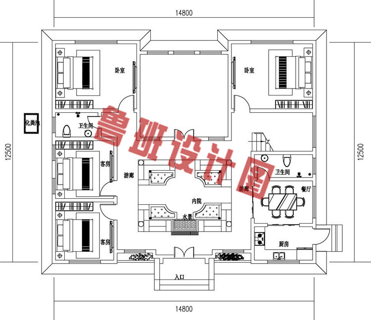 中式二层四合院别墅设计一层户型图