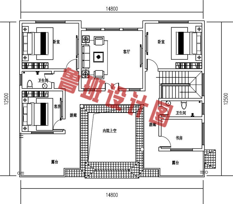 中式二层四合院别墅设计二层户型图