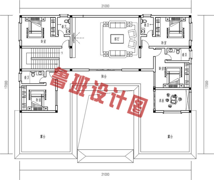 2019年新款二层独立四合院别墅设计二层户型图