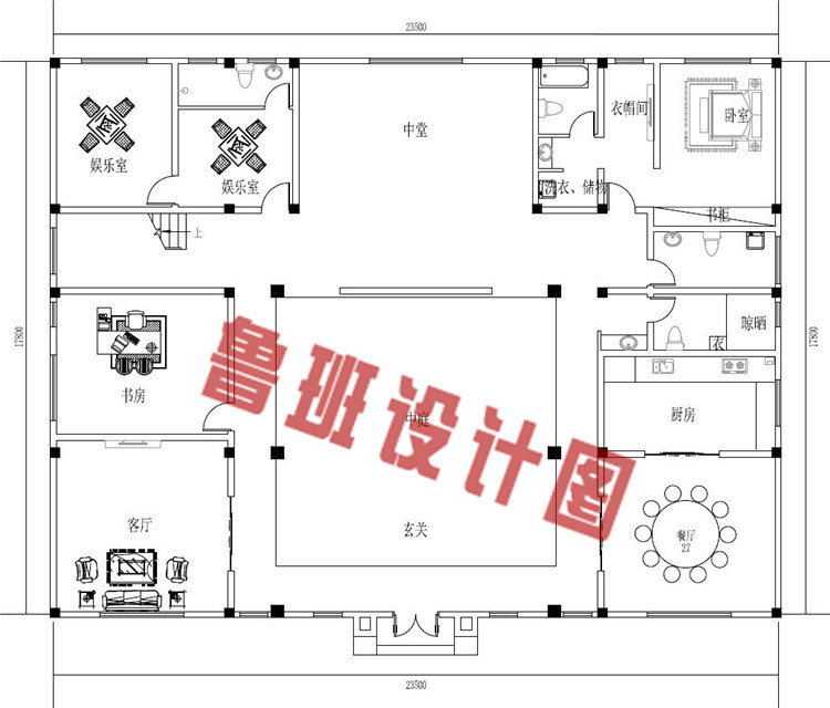 二层新中式四合院别墅设计图