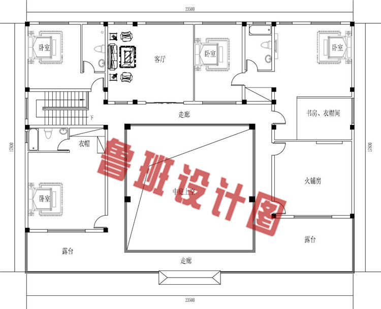 二层新中式四合院别墅设计图