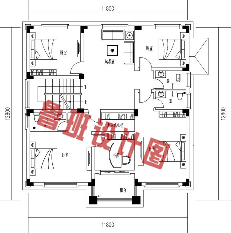 现代简约二层小别墅设计二层户型图