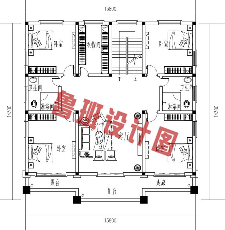 170平方米农村欧式平屋顶三层别墅设计二层户型图