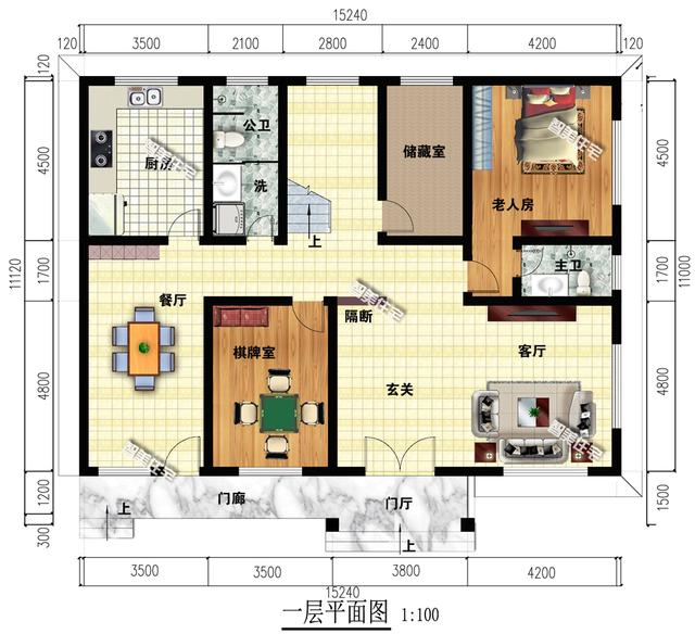 15.2×11.1米三层别墅，简单外观造型，独立厨房餐厅