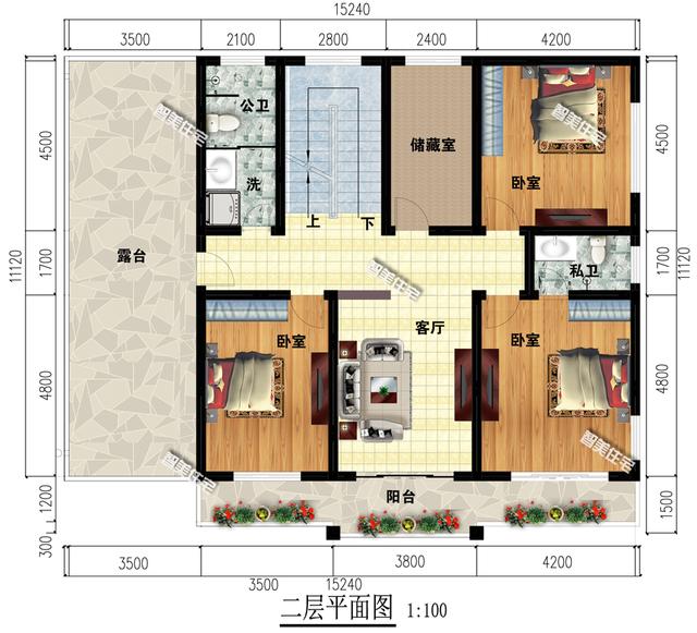 15.2×11.1米三层别墅，简单外观造型，独立厨房餐厅