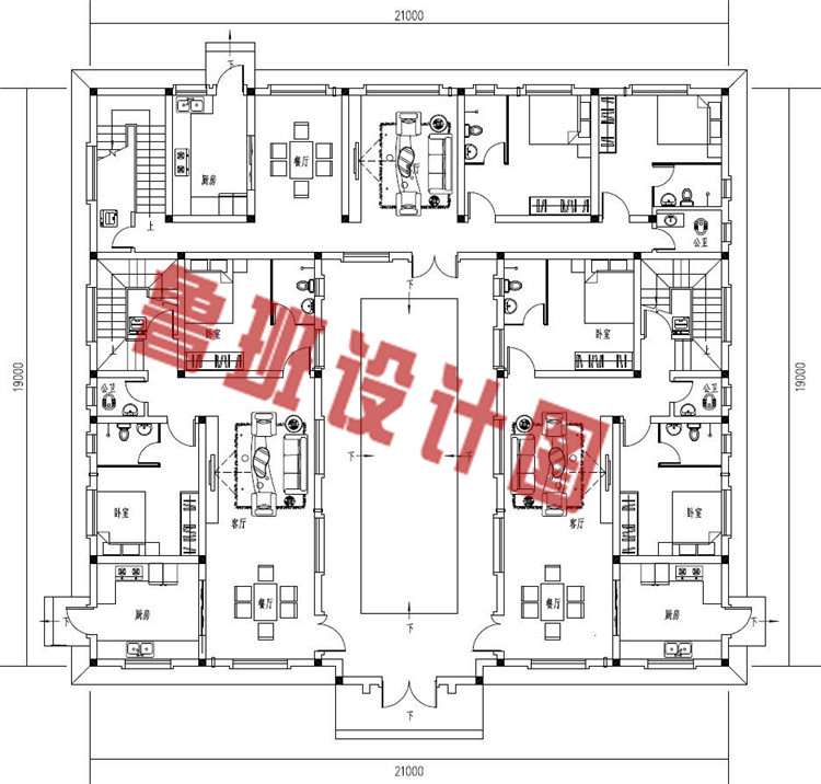 清新别致二层四合院别墅设计一层户型图