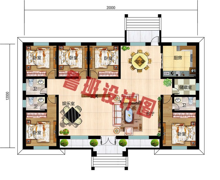 新款乡村五间一层平房自建别墅设计图户型图