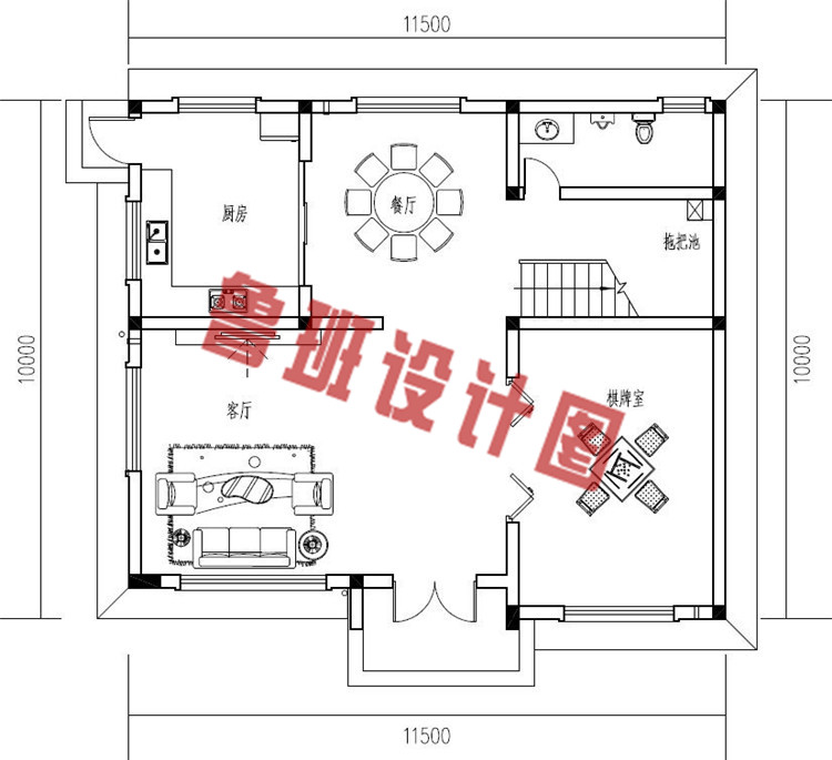 新款乡村三层别墅设计一层户型图