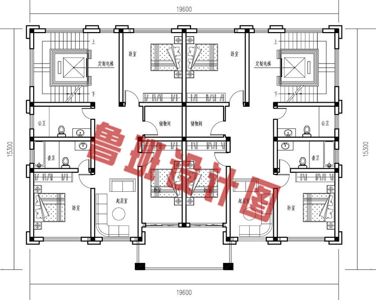 农村三层双拼别墅设计二层户型图