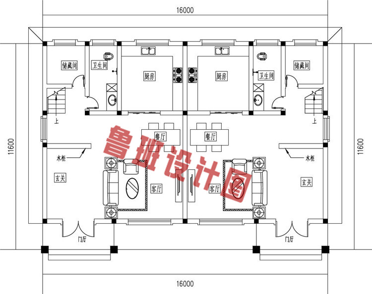 三层简约风格双拼别墅设计一层户型图