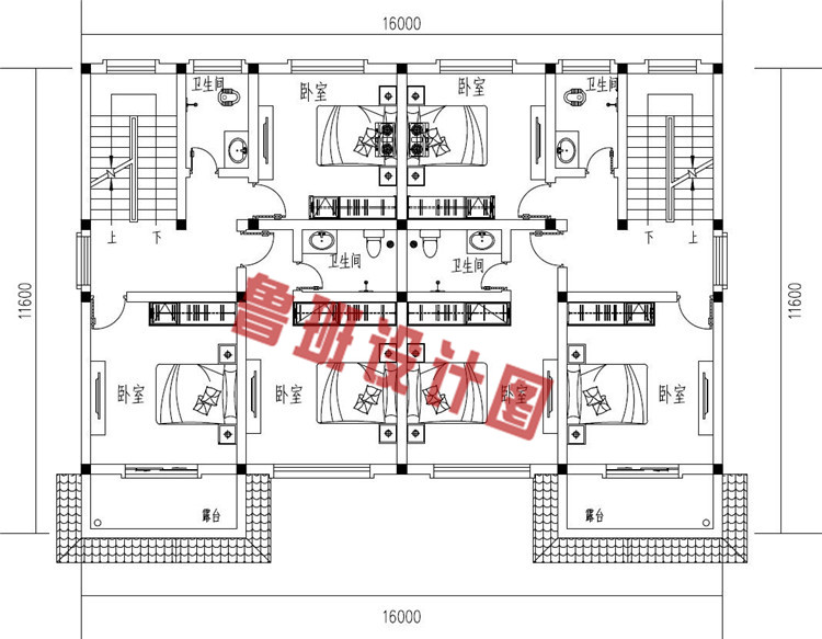 三层简约风格双拼别墅设计二层户型图