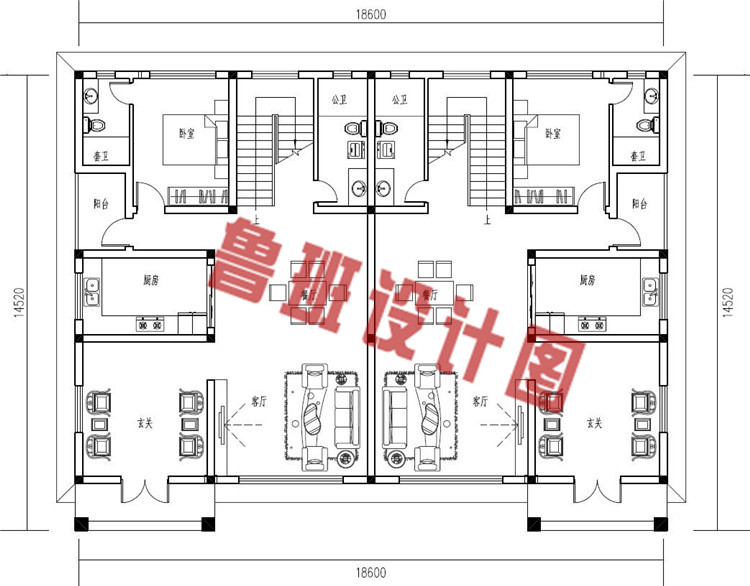 欧式乡村三层兄弟双拼别墅设计一层户型图