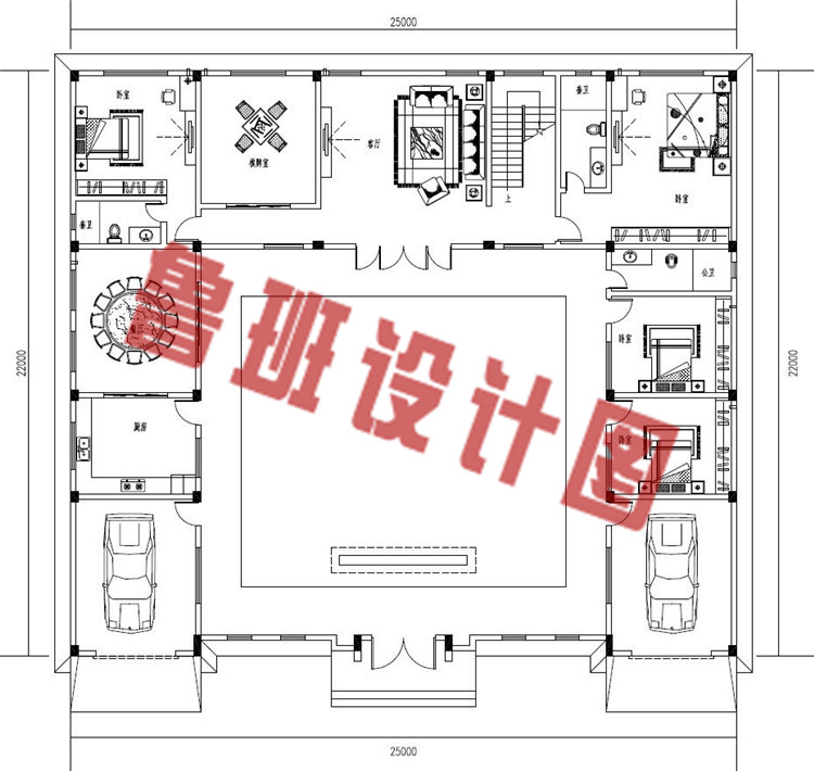 25X22米中式二层四合院别墅设计一层户型图