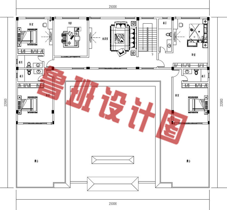 25X22米中式二层四合院别墅设计二层户型图