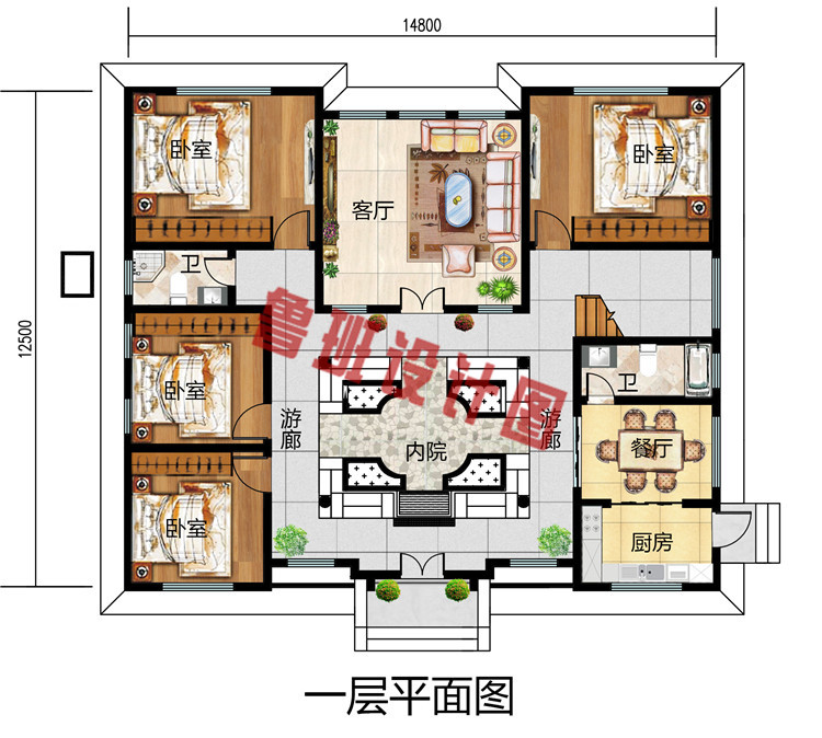小户型中式二层四合院别墅设计图，造价比较低