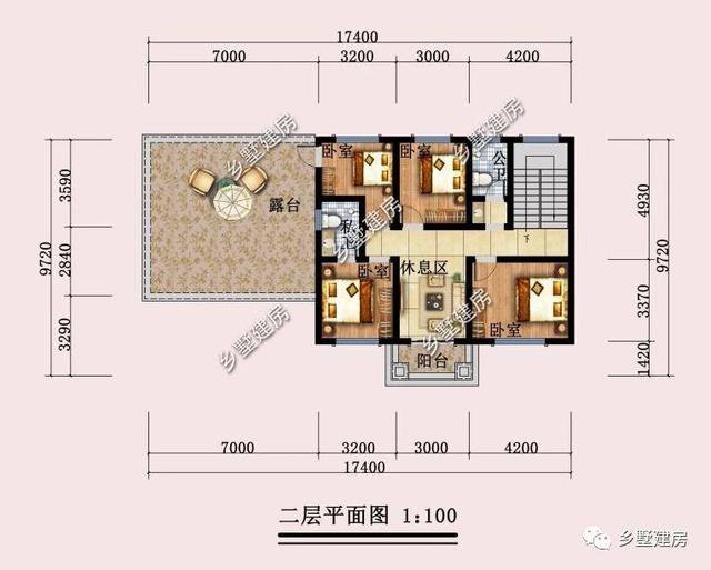 带偏房棋牌室露台的二层小别墅，占地140平造价25万，安排