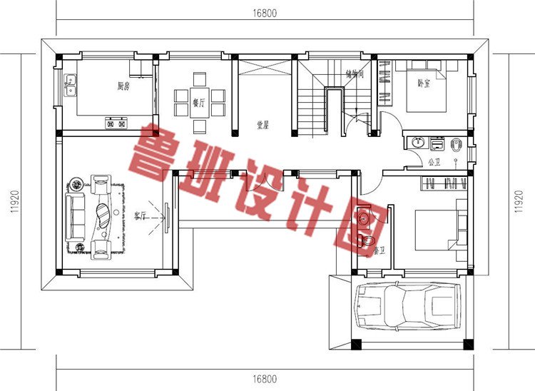 2019年新款中式小二层三合院别墅设计一层户型图