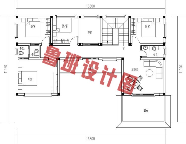 2019年新款中式小二层三合院别墅设计二层户型图