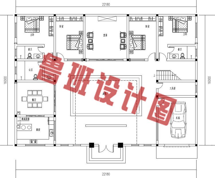 农村自建二层中式四合院别墅设计一层户型图