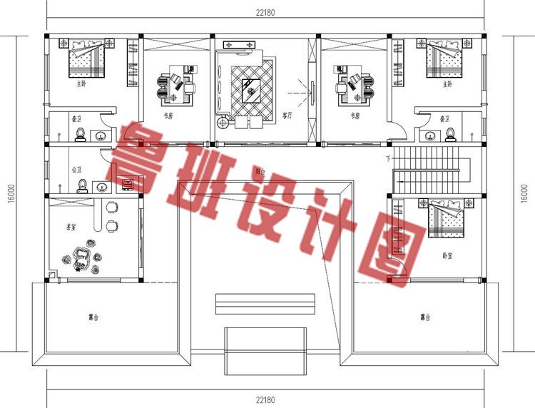 农村自建二层中式四合院别墅设计二层户型图